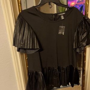 Black top with pleated faux leather detail